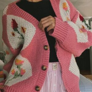 Fleur Diamond Grandma Pink Floral Knit Cardigan Sweater NWOT